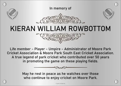 Commemorative plaque for a cricket club volunteer