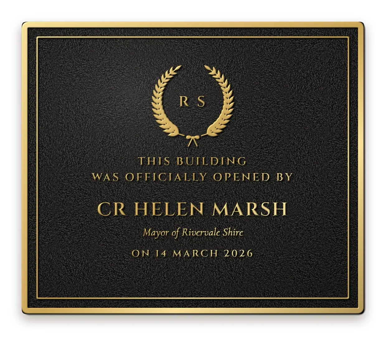 Embossed design idea: building opening plaque with a laurel wreath crest, brass on a black grain background
