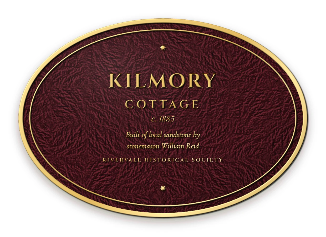 Embossed design idea: oval heritage house plaque, gold lettering on a burgundy bark texture