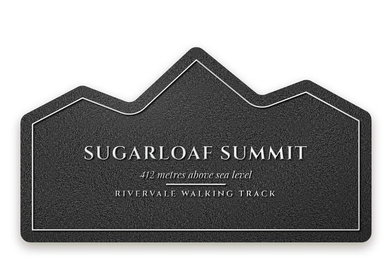 Embossed design idea: mountain ridge shaped walking track plaque, aluminium raised lettering on charcoal
