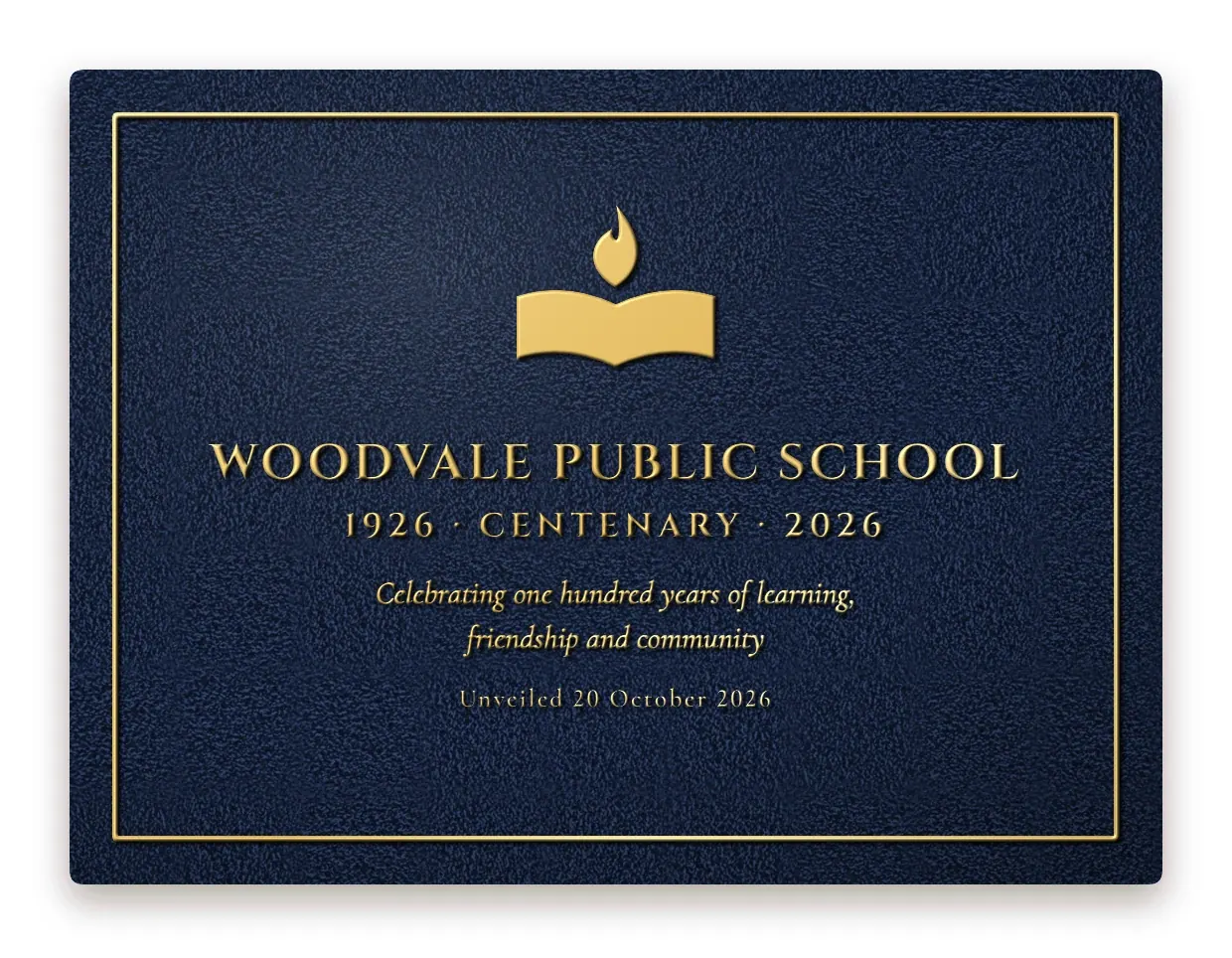 Embossed design idea: school centenary plaque with an open book emblem, gold on a navy grain background