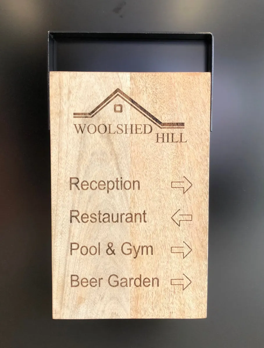 Laser engraved timber directory sign