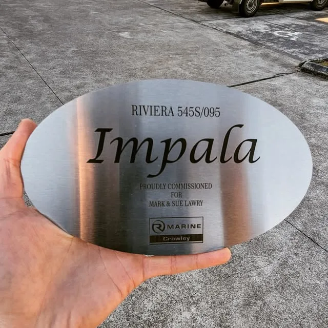 Oval stainless steel boat name plate, laser engraved