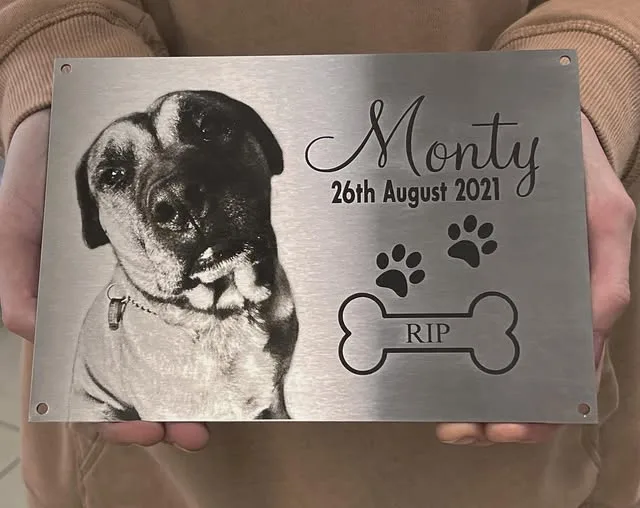 Pet memorial plaque with an engraved dog photo