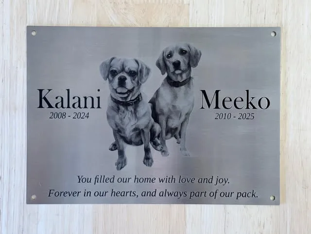 Pet memorial plaque with an engraved photo of two dogs