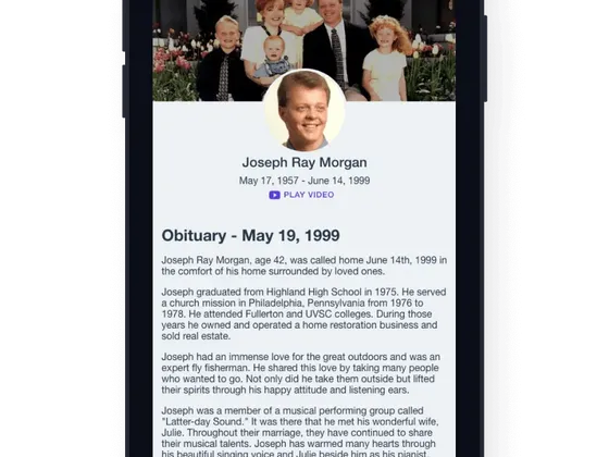 Our Tributes online memorial page shown on a phone