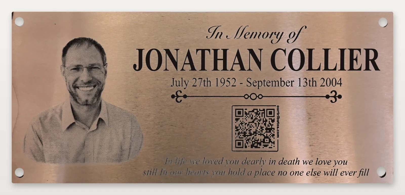 Brass-look stainless steel memorial plaque with a laser engraved portrait photo and QR code