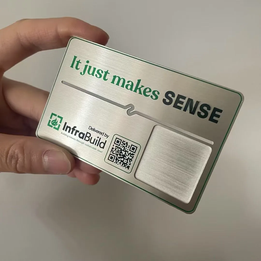 Stainless steel card with a paint filled QR code and logo