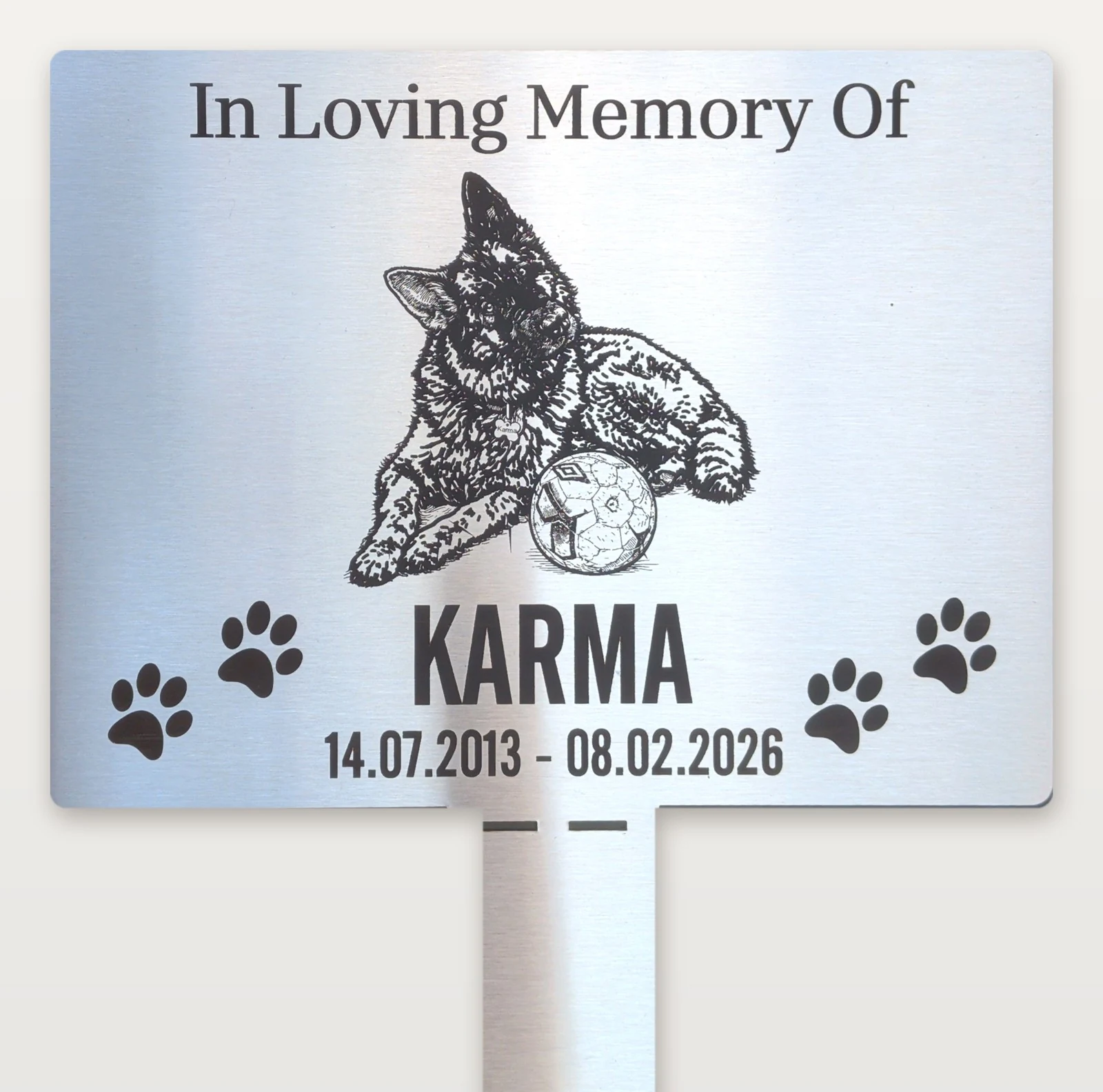 Stainless steel pet memorial garden stake plaque, fibre laser engraved with a dog portrait, name and paw prints