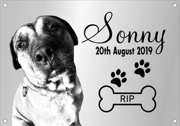 Pet memorial plaque with a large engraved dog portrait and bone