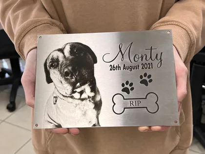 Stainless steel memorial plaque with a laser engraved portrait